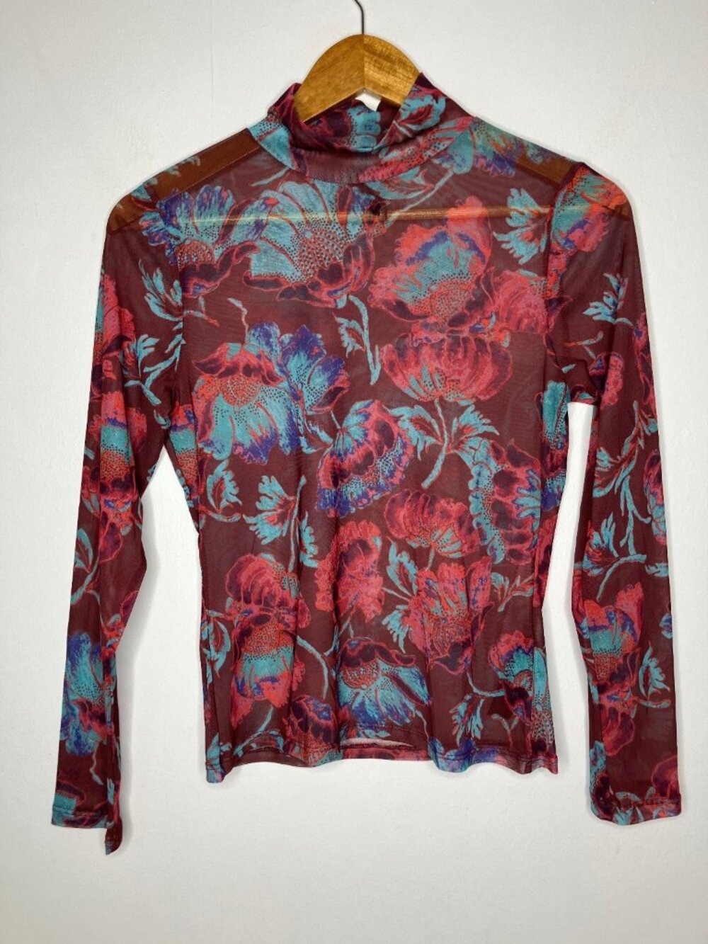Anthropologie Sheer Mesh Floral Mock Neck Top Burgundy Teal Long Sleeve Size S